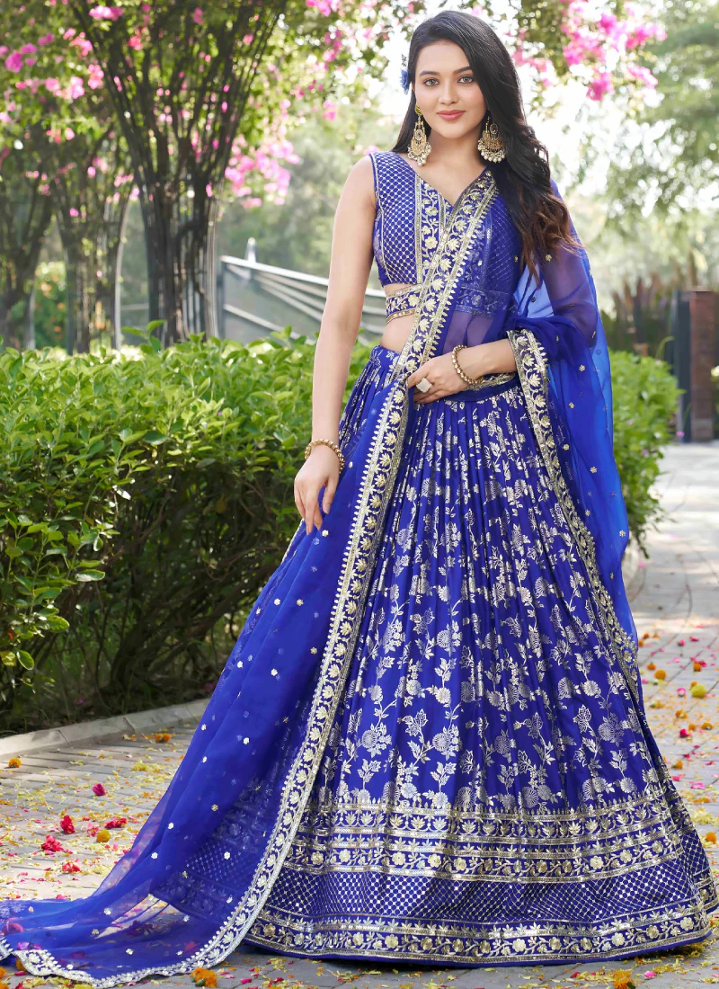 Royal Blue Jacquard Silk Zari Weaving Embroidered Wedding Lehenga - Image 4