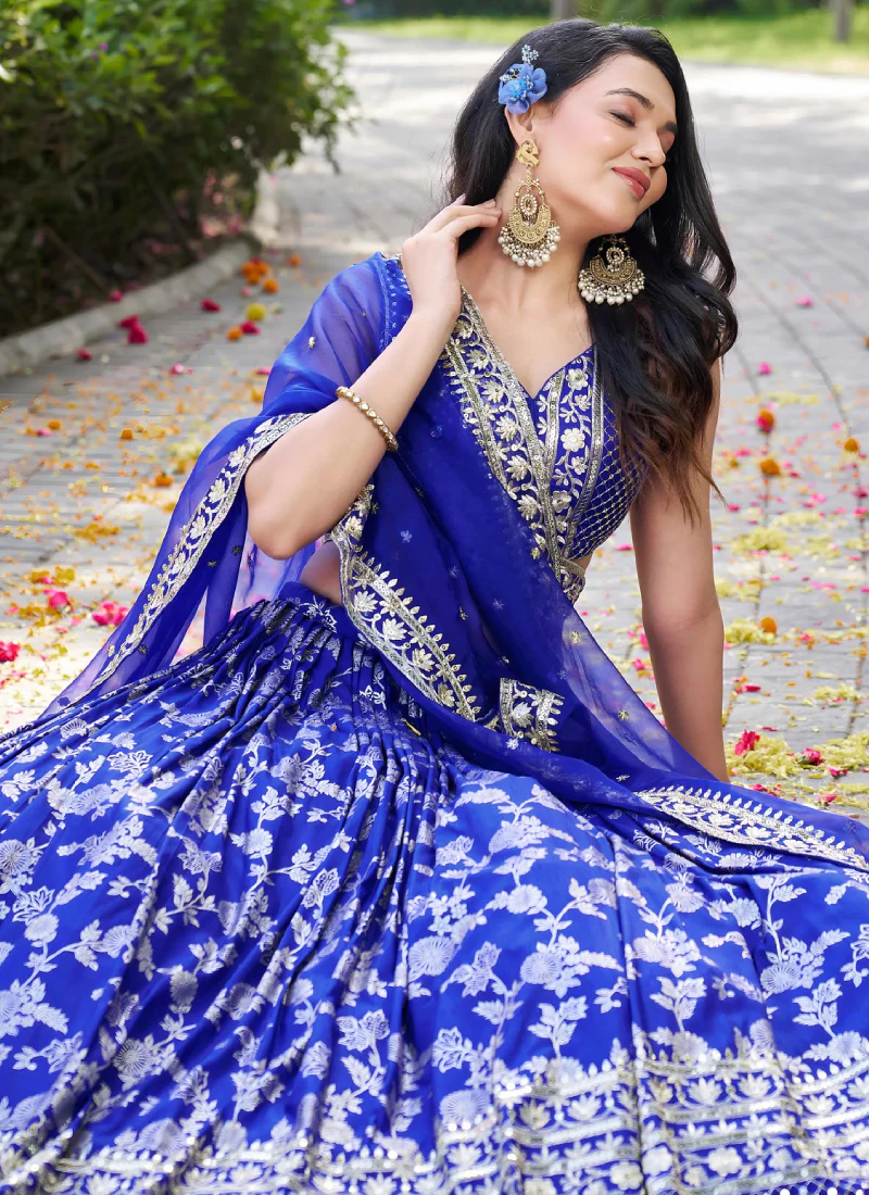 Royal Blue Jacquard Silk Zari Weaving Embroidered Wedding Lehenga - Image 6