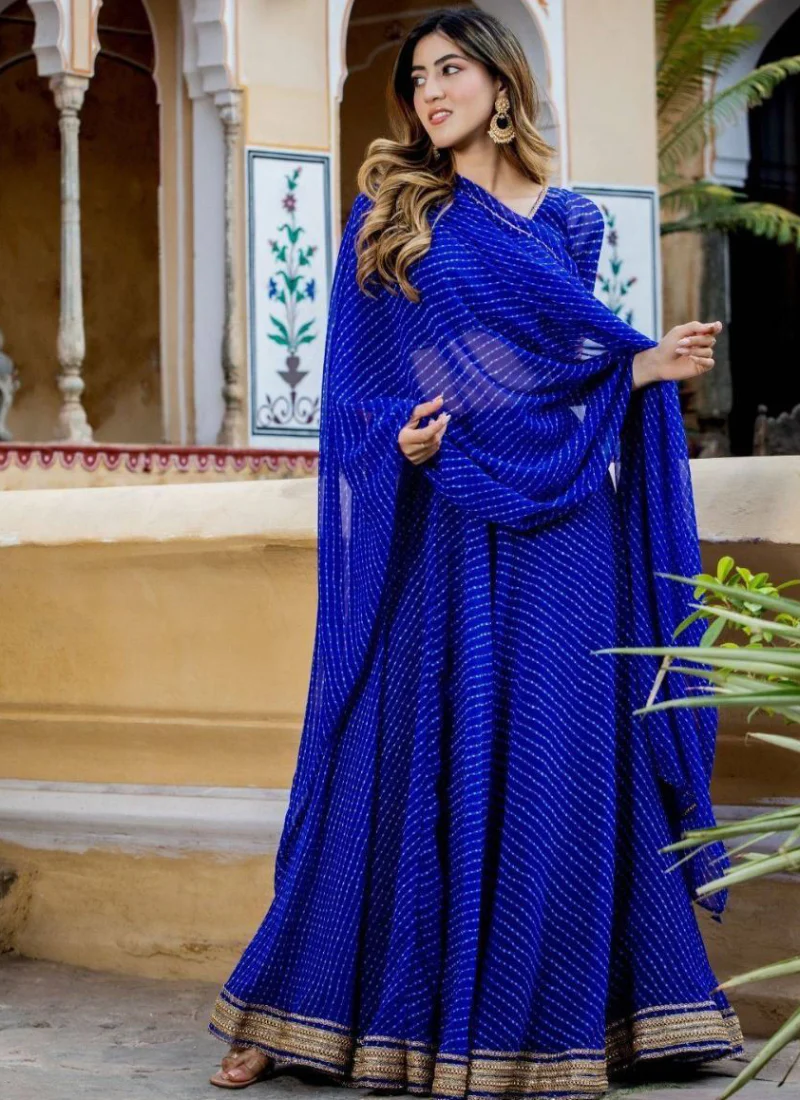Royal Blue Leheriya Print Gota Patti Border Georgette Lehenga - Image 3
