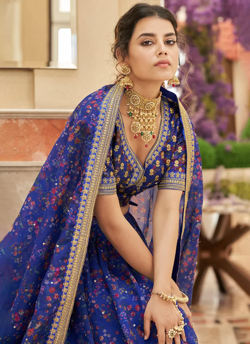 Royal Blue Organza Embroidered Work Lehenga Choli For Wedding - Image 3