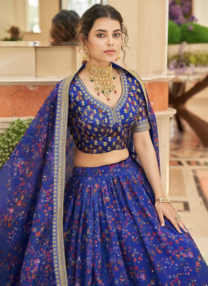 Royal Blue Organza Embroidered Work Lehenga Choli For Wedding - Image 4