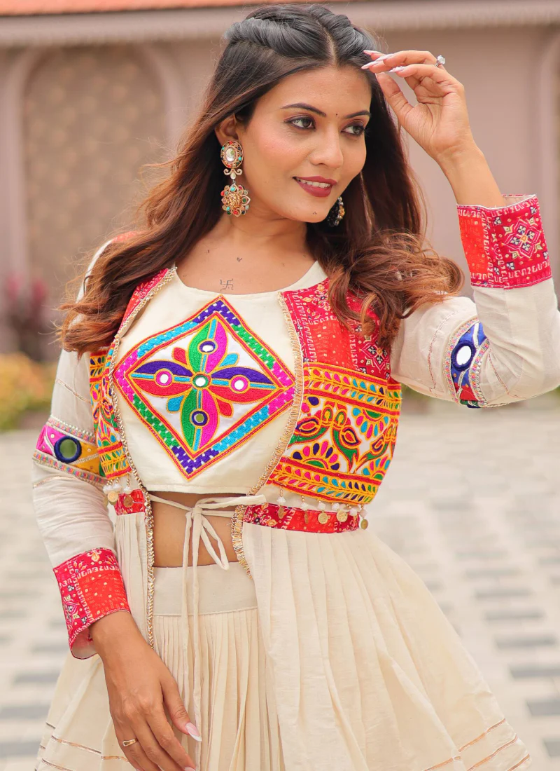 Ruffle Style Cotton Off White Navratri Special Lehenga Choli With Koti - Image 10