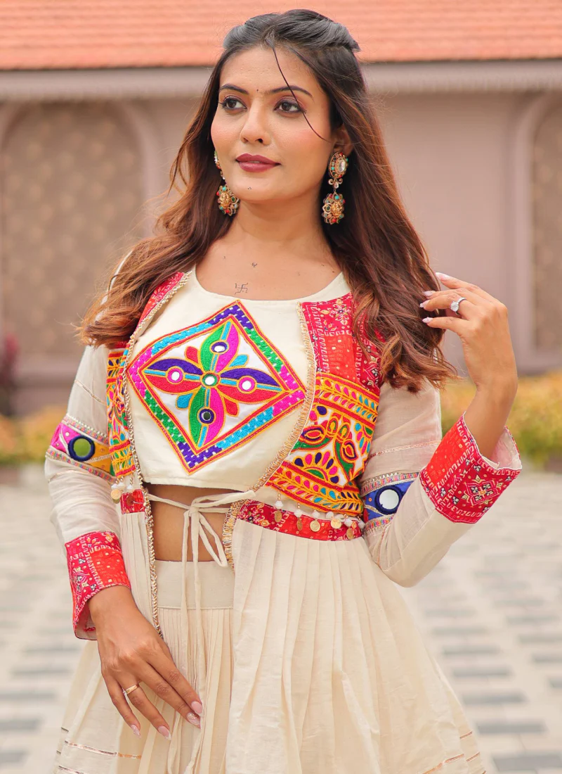 Ruffle Style Cotton Off White Navratri Special Lehenga Choli With Koti - Image 11