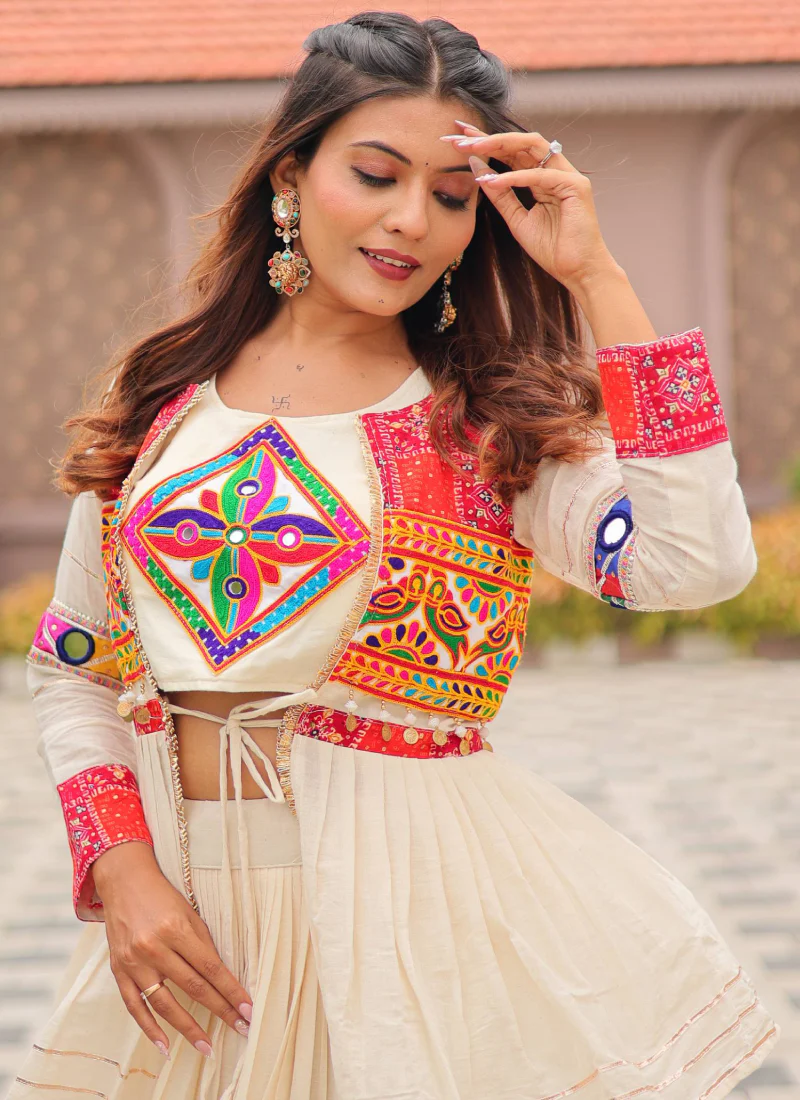 Ruffle Style Cotton Off White Navratri Special Lehenga Choli With Koti - Image 12