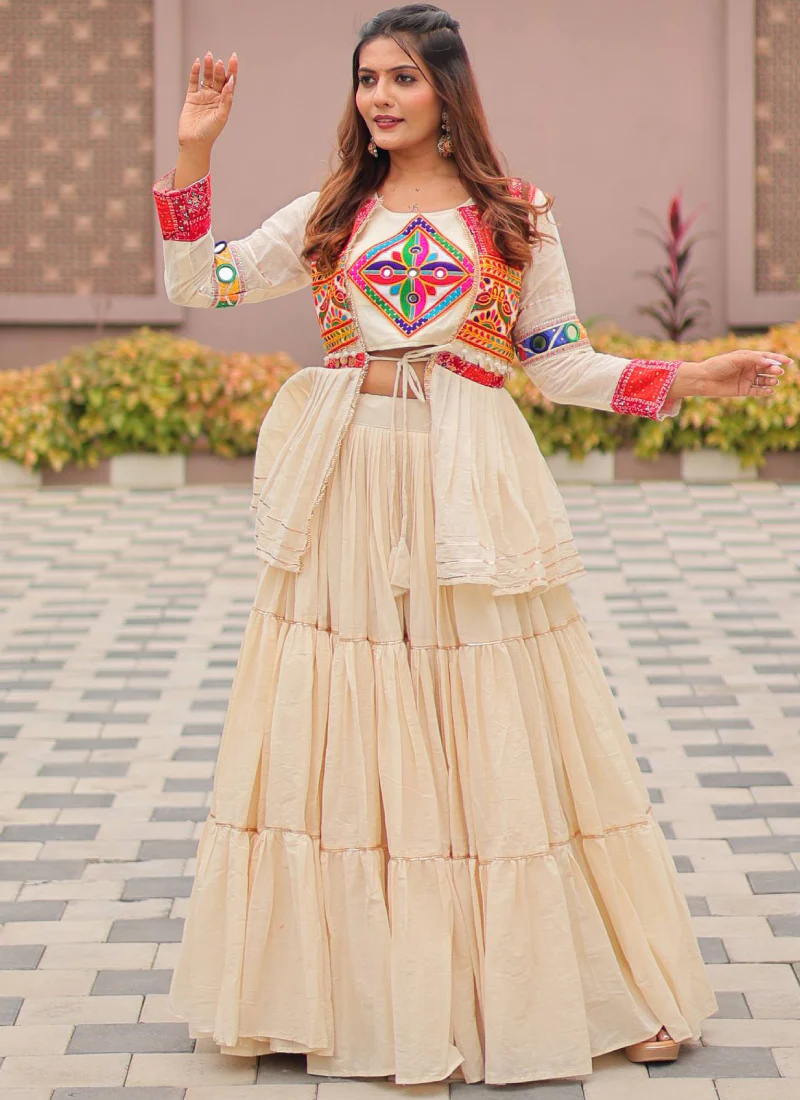 Ruffle Style Cotton Off White Navratri Special Lehenga Choli With Koti - Image 3