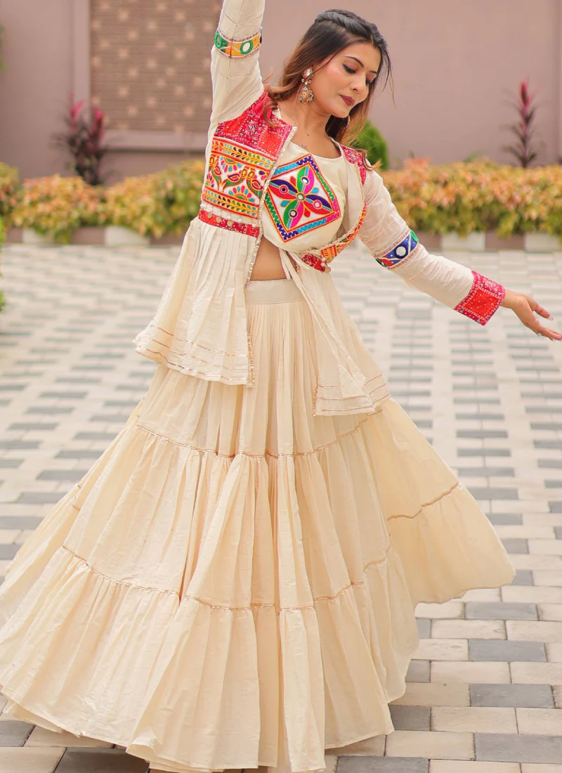 Ruffle Style Cotton Off White Navratri Special Lehenga Choli With Koti - Image 5