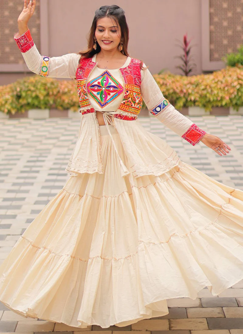 Ruffle Style Cotton Off White Navratri Special Lehenga Choli With Koti - Image 8