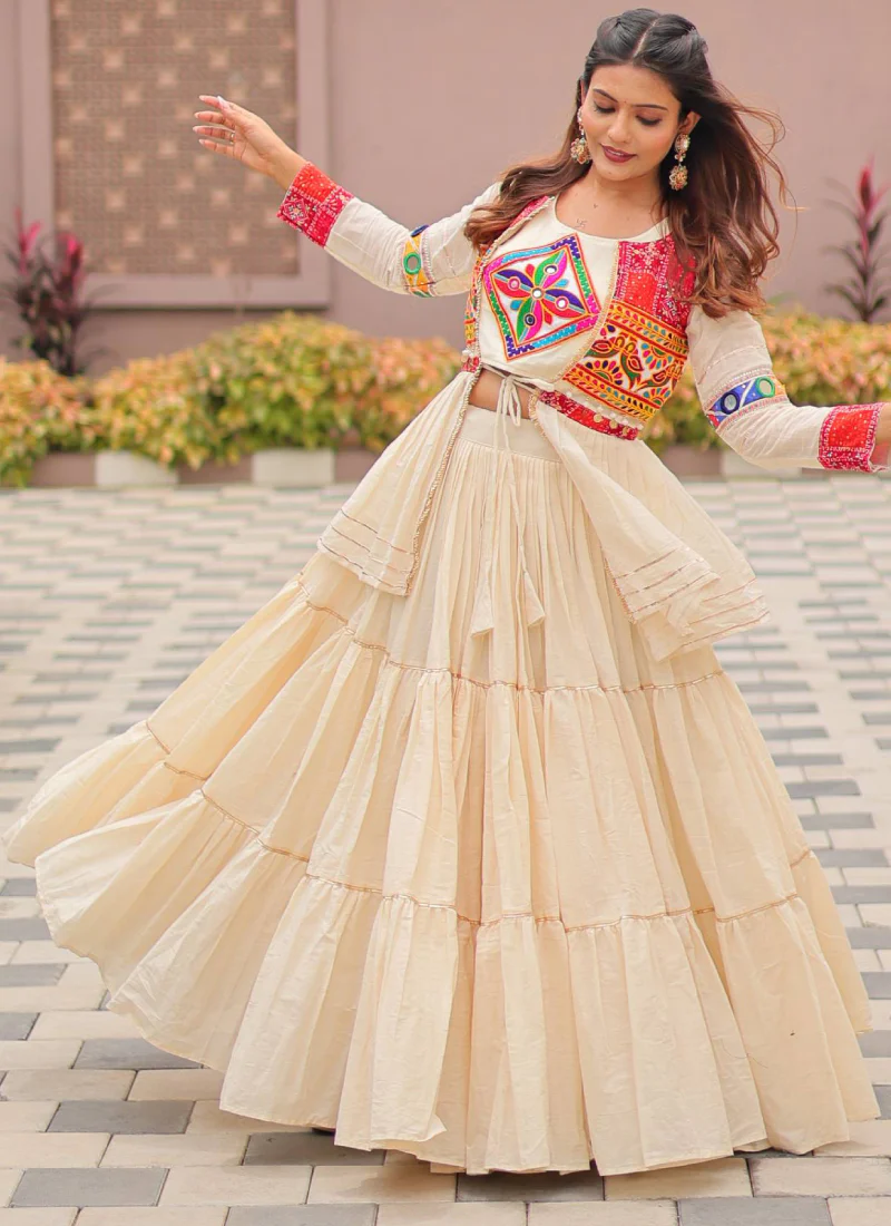 Ruffle Style Cotton Off White Navratri Special Lehenga Choli With Koti - Image 9