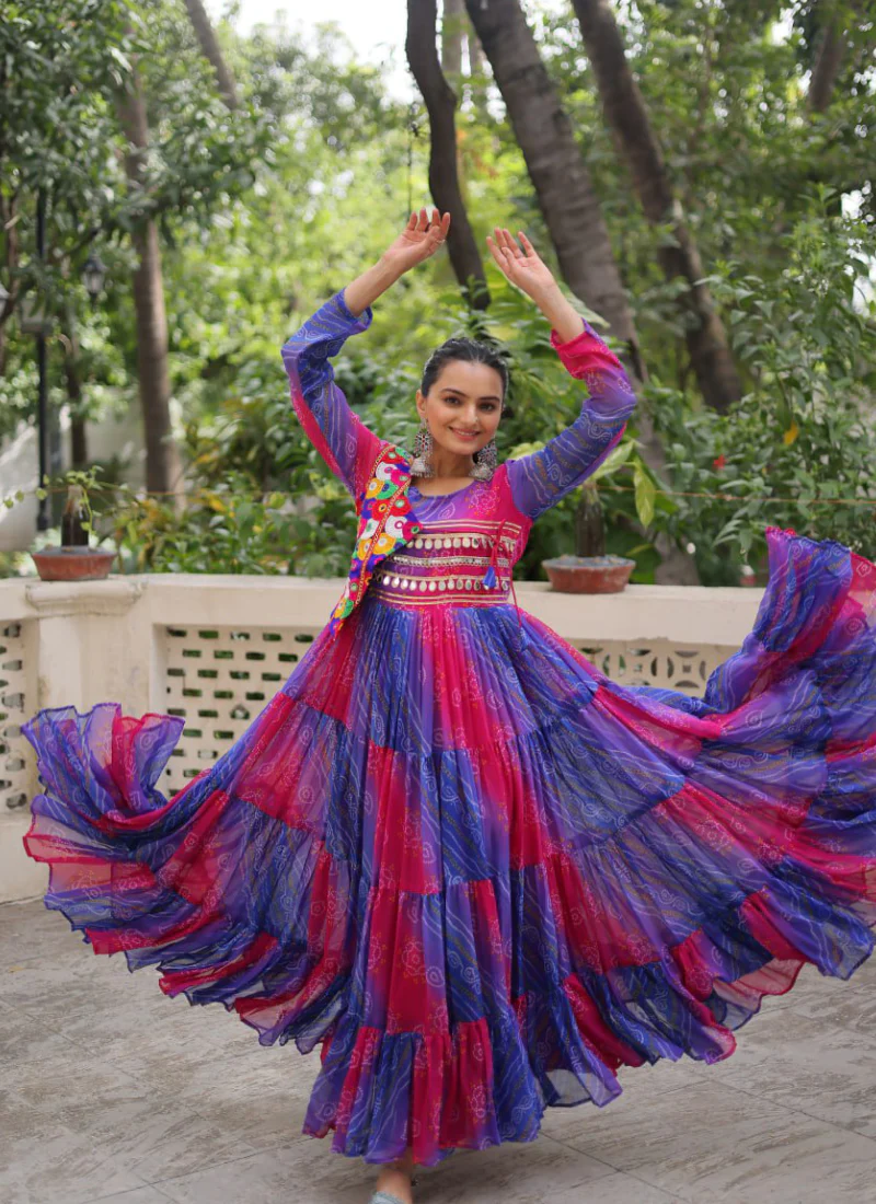 Ruffle Style Flared Blue Georgette Bandhani Printed Navratri Wear Gown - Image 5