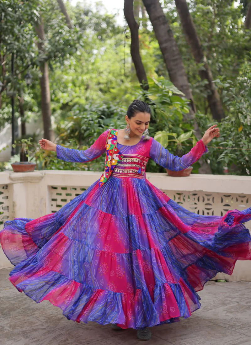 Ruffle Style Flared Blue Georgette Bandhani Printed Navratri Wear Gown - Image 7