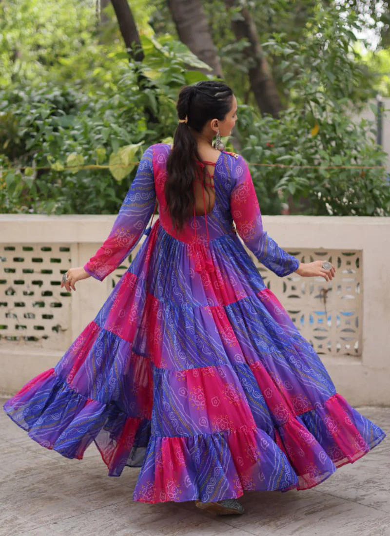 Ruffle Style Flared Blue Georgette Bandhani Printed Navratri Wear Gown - Image 8