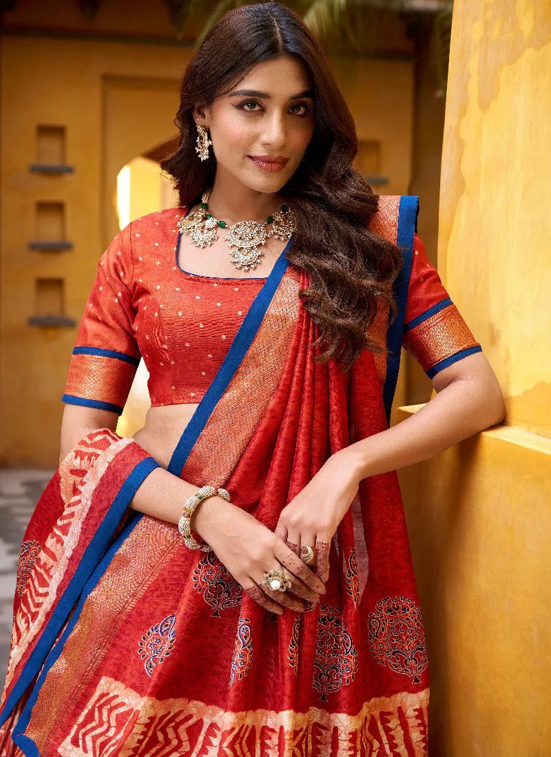 Rust Orange Batik Print With Zari Weaving Work Dola Silk Lehenga Choli - Image 2