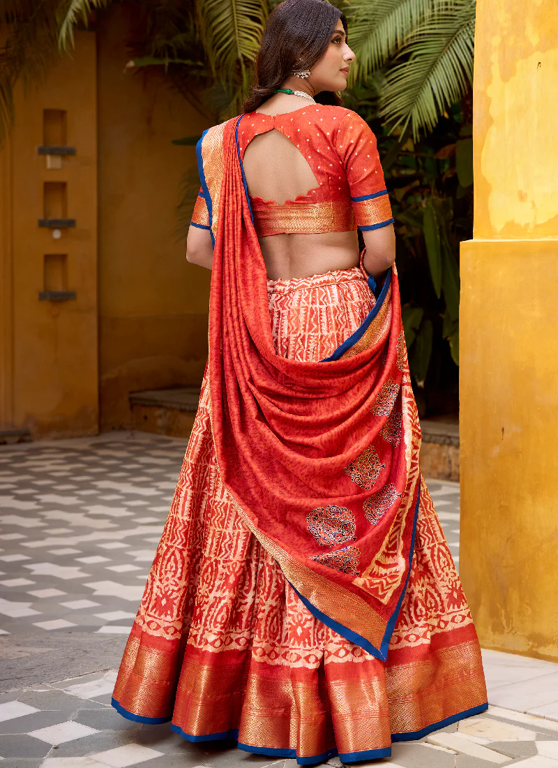 Rust Orange Batik Print With Zari Weaving Work Dola Silk Lehenga Choli - Image 5