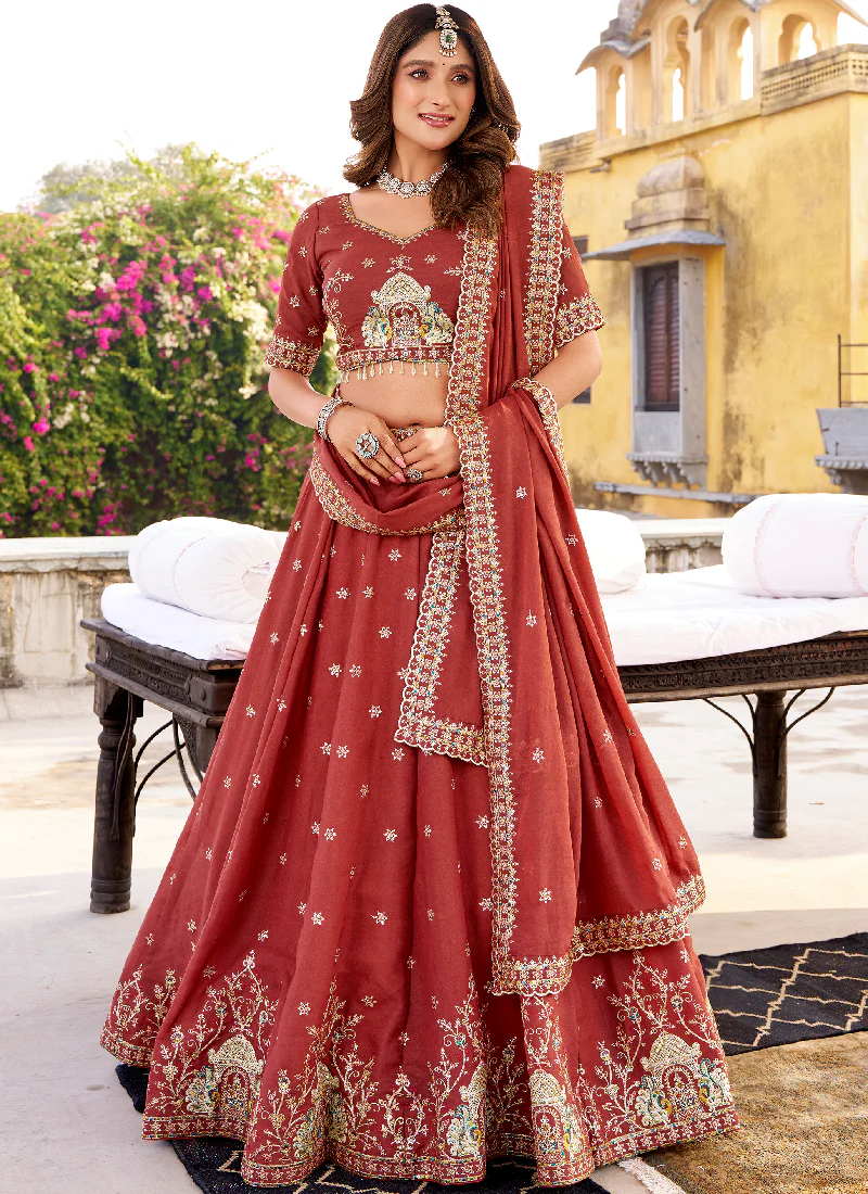 Rust Red Chocolate Crush Embroidered Festive Lehenga Choli For Women - Image 4