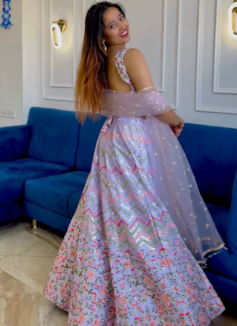Satin Silk Multi Thread Work Light Purple Lehenga Choli With Dupatta - Image 3