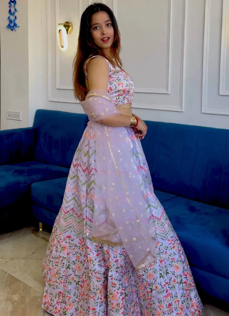 Satin Silk Multi Thread Work Light Purple Lehenga Choli With Dupatta - Image 4