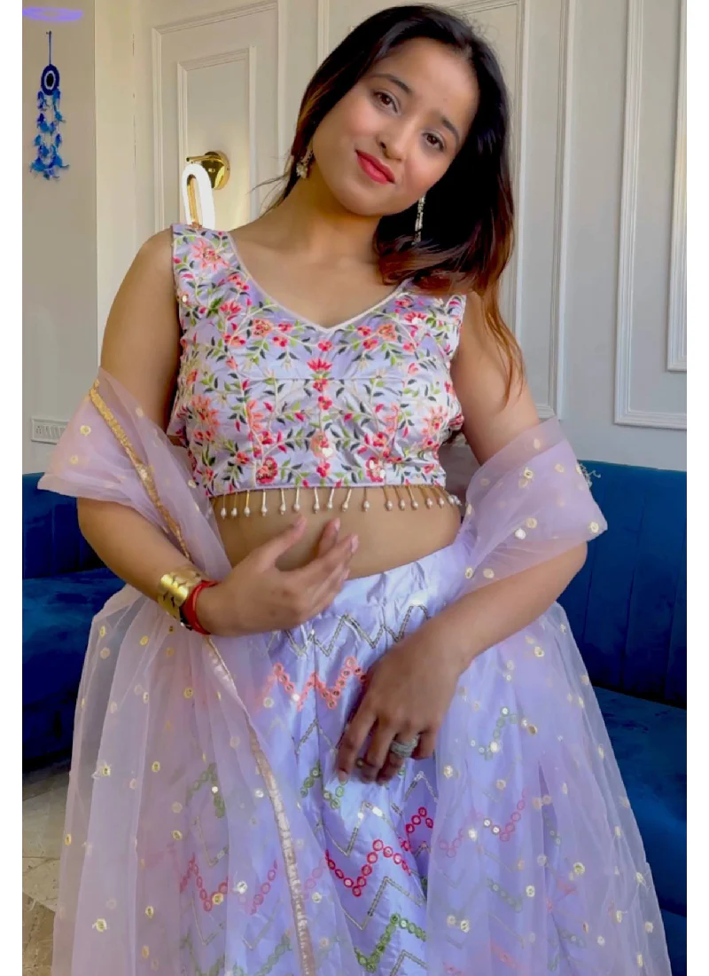 Satin Silk Multi Thread Work Light Purple Lehenga Choli With Dupatta - Image 5