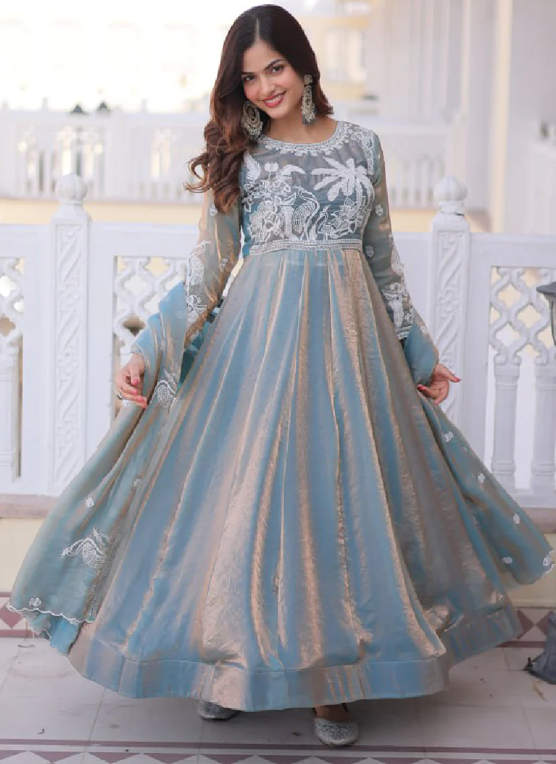 Satin Silk Sequence Embroidered Wedding Wear Sky Blue Anarkali Gown