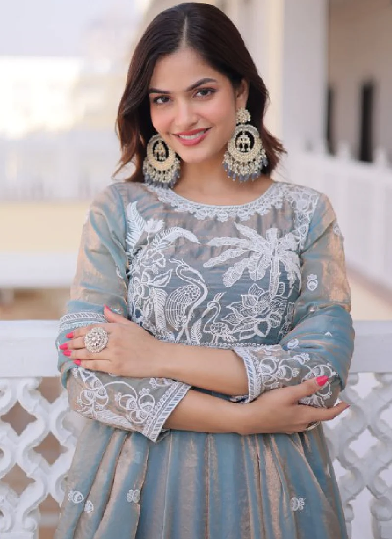 Satin Silk Sequence Embroidered Wedding Wear Sky Blue Anarkali Gown - Image 2