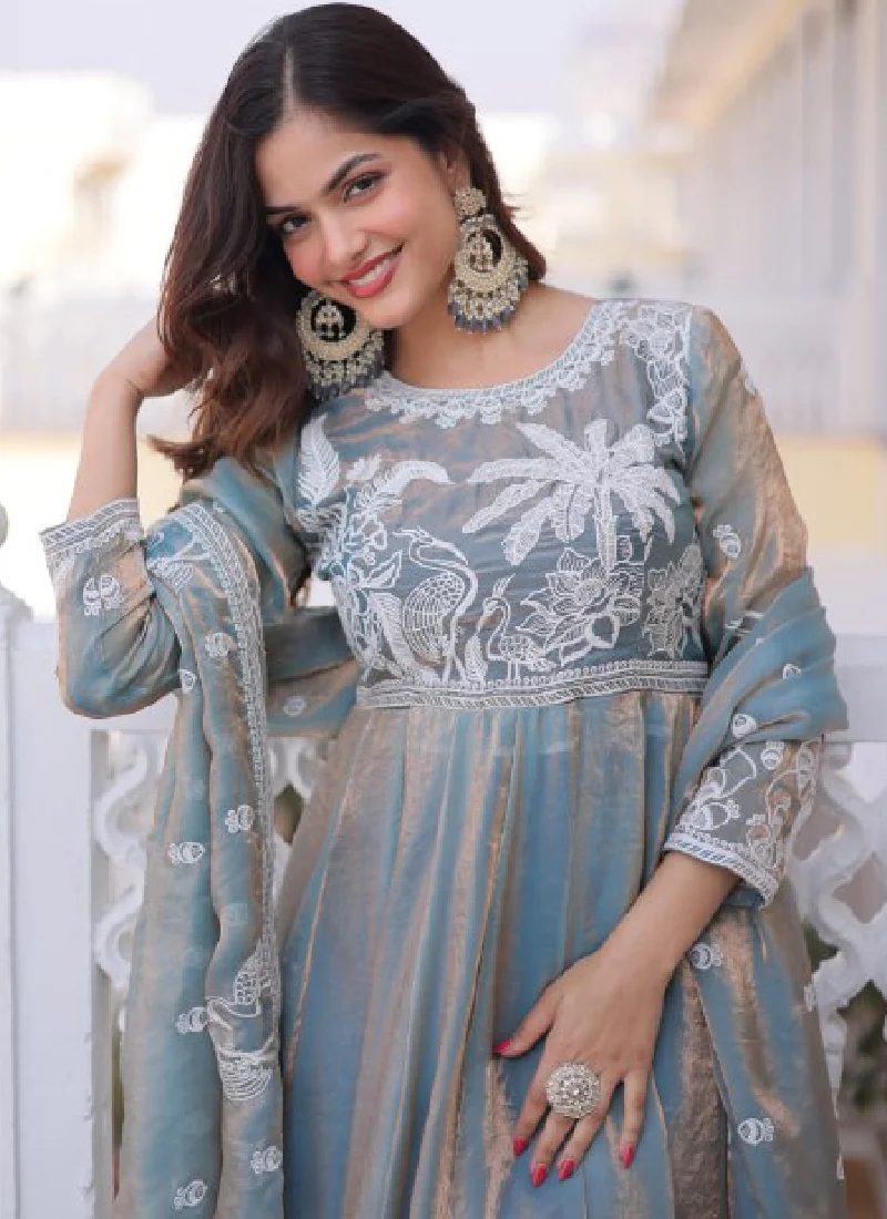 Satin Silk Sequence Embroidered Wedding Wear Sky Blue Anarkali Gown - Image 3