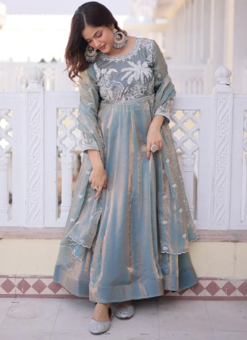 Satin Silk Sequence Embroidered Wedding Wear Sky Blue Anarkali Gown - Image 4