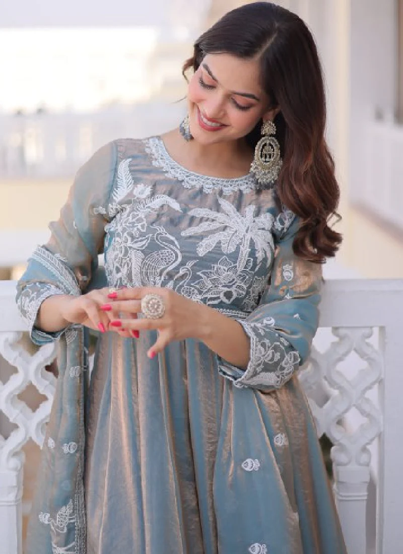 Satin Silk Sequence Embroidered Wedding Wear Sky Blue Anarkali Gown - Image 5