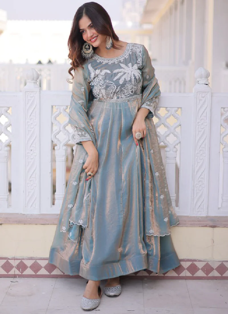 Satin Silk Sequence Embroidered Wedding Wear Sky Blue Anarkali Gown - Image 6