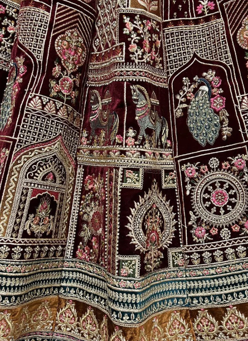 Seductive Diamond Work Velvet Maroon Bridal Lehenga Choli - Image 3