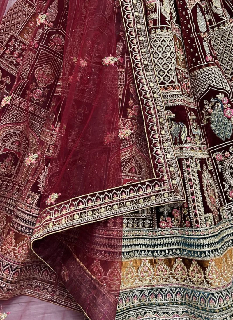 Seductive Diamond Work Velvet Maroon Bridal Lehenga Choli - Image 4