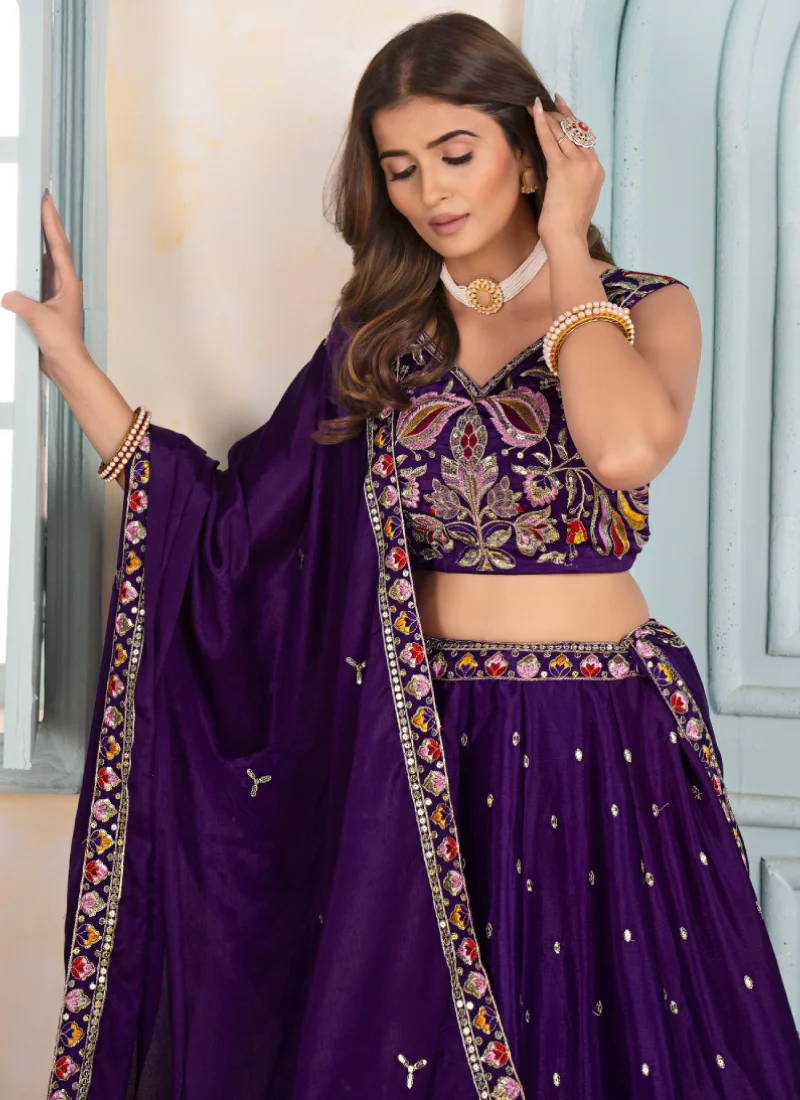 Sequence Embroidered Chinon Silk Purple Wedding Wear Lehenga Choli - Image 3