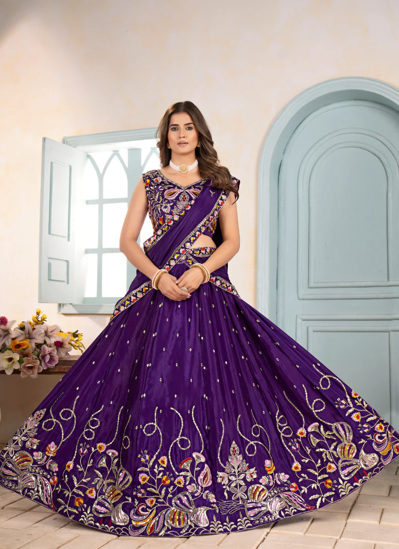 Sequence Embroidered Chinon Silk Purple Wedding Wear Lehenga Choli - Image 5