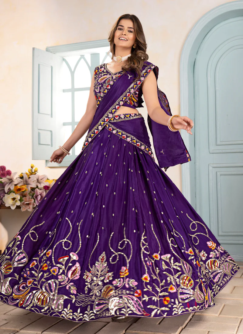 Sequence Embroidered Chinon Silk Purple Wedding Wear Lehenga Choli - Image 6