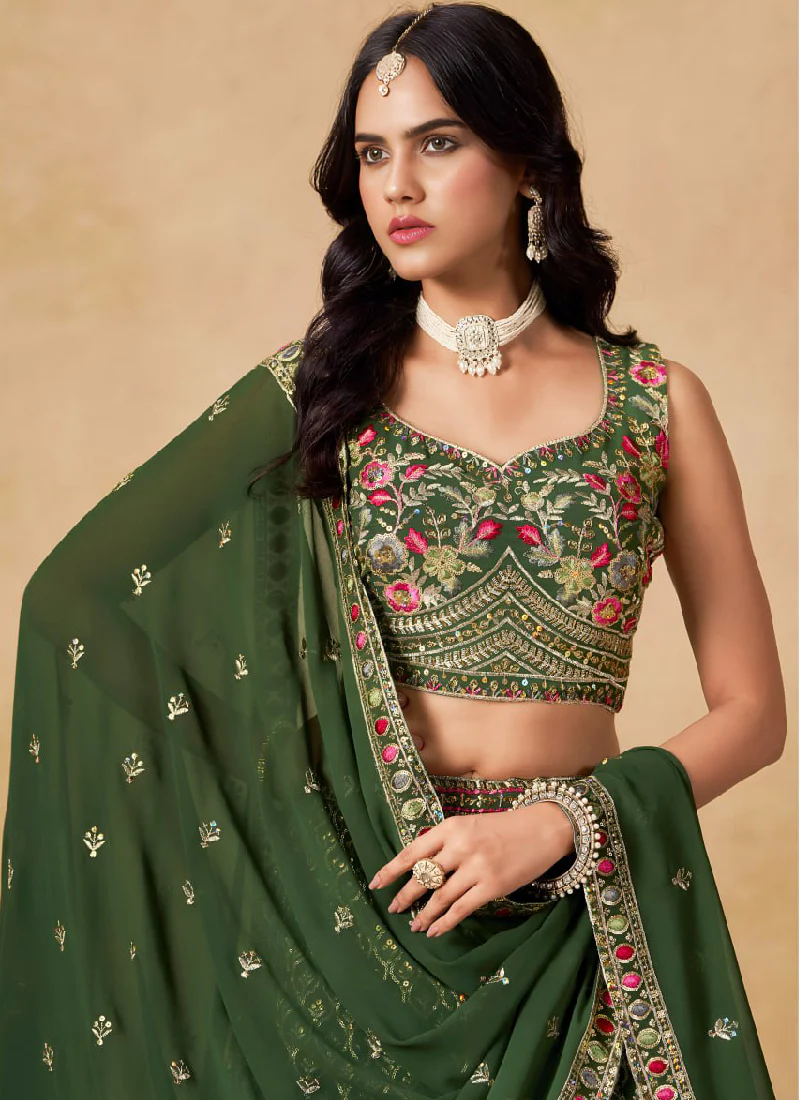 Sequence Embroidered Georgette Green Mehendi Function Lehenga Choli - Image 2