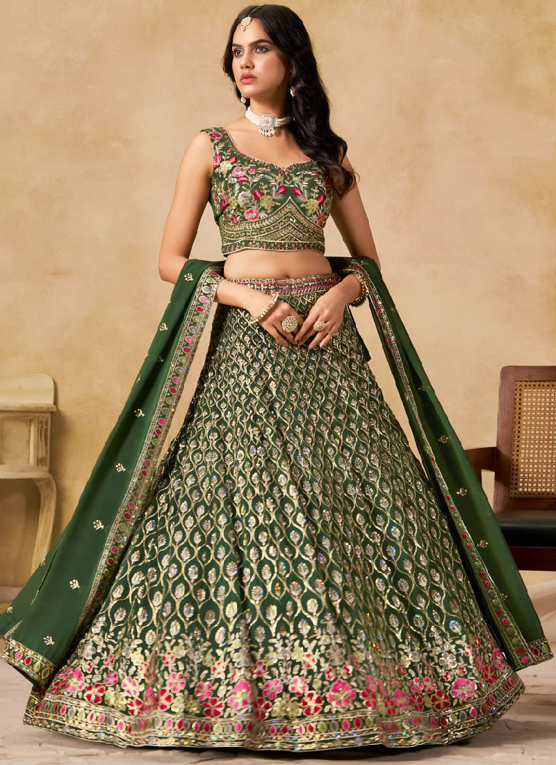 Sequence Embroidered Georgette Green Mehendi Function Lehenga Choli - Image 3
