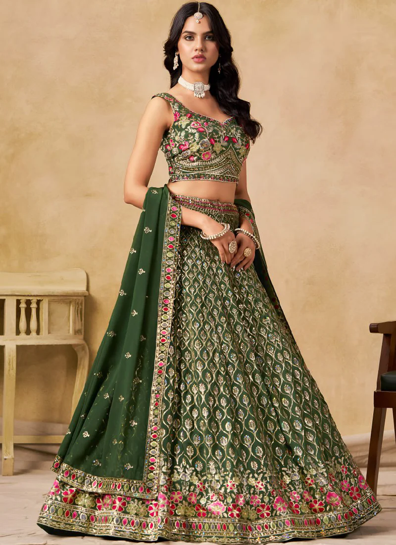 Sequence Embroidered Georgette Green Mehendi Function Lehenga Choli - Image 4