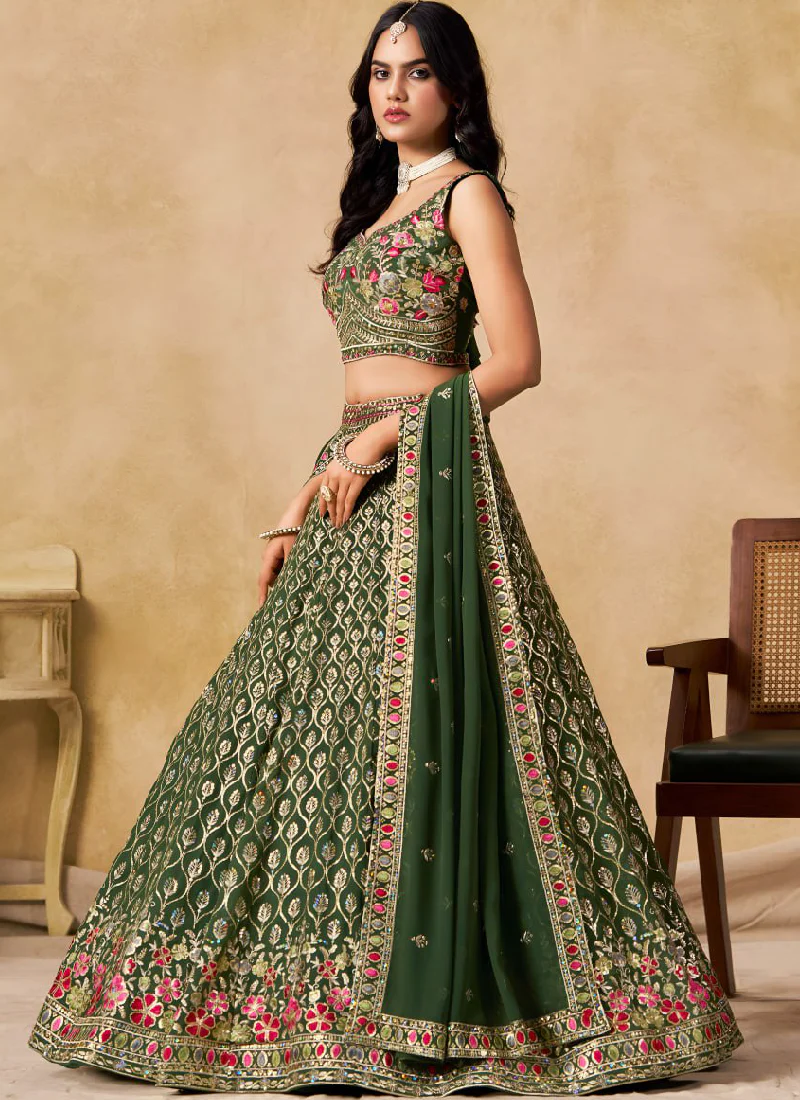 Sequence Embroidered Georgette Green Mehendi Function Lehenga Choli - Image 5