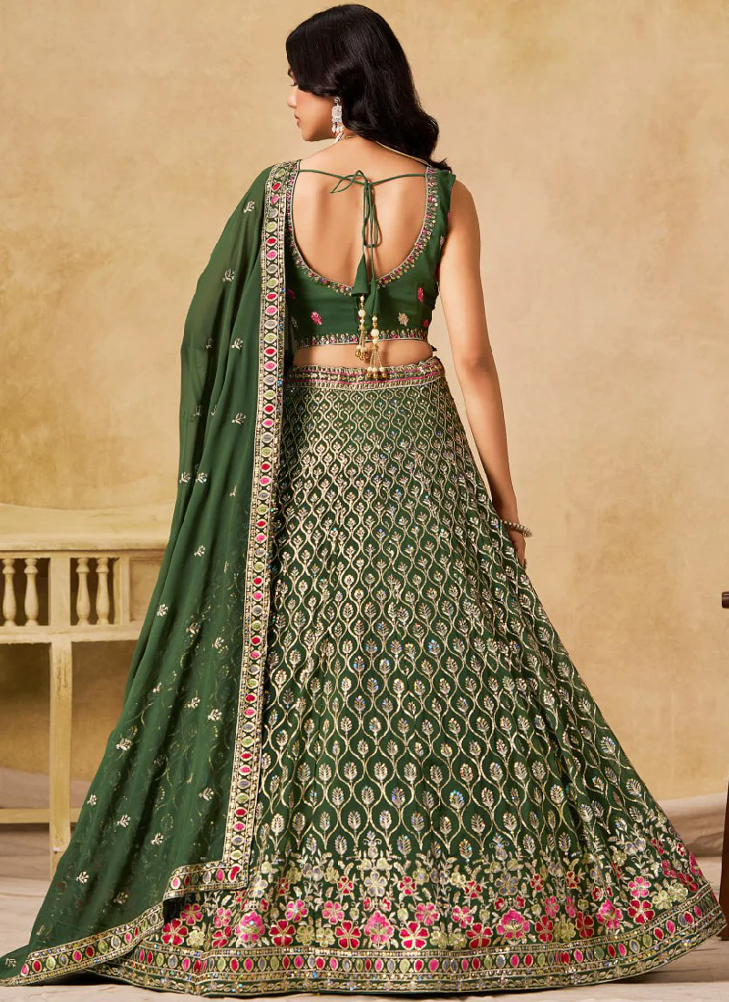 Sequence Embroidered Georgette Green Mehendi Function Lehenga Choli - Image 6