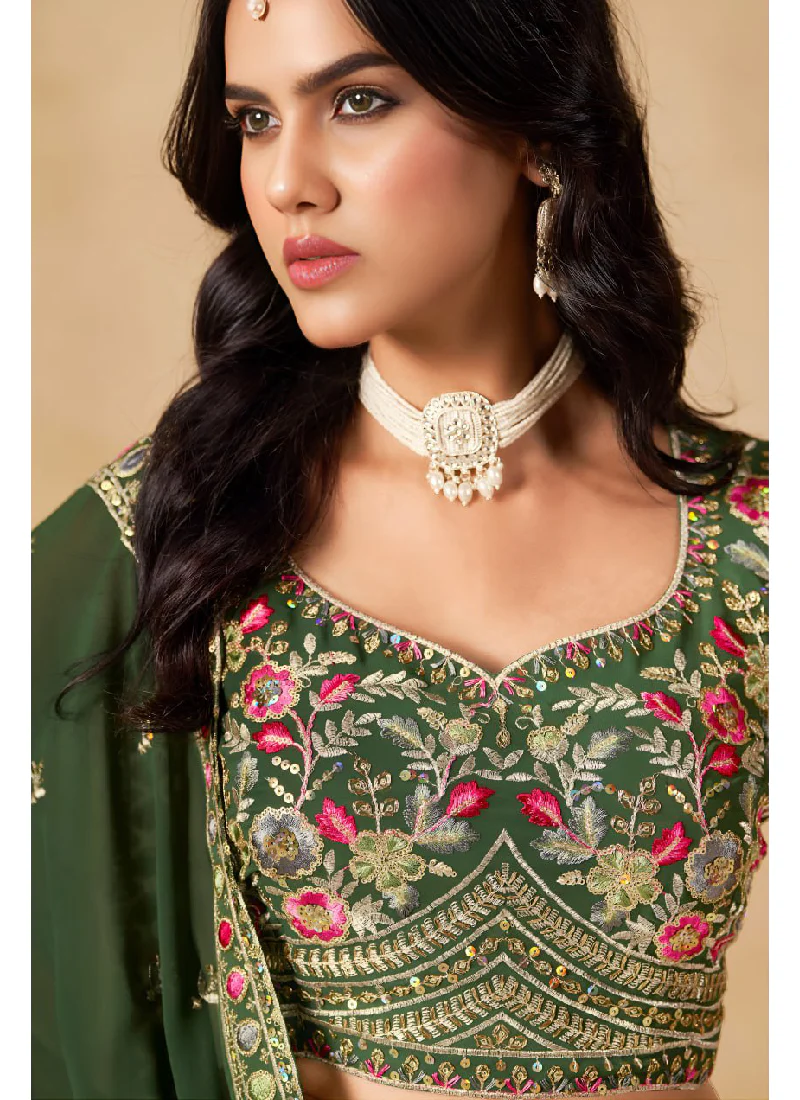 Sequence Embroidered Georgette Green Mehendi Function Lehenga Choli - Image 7