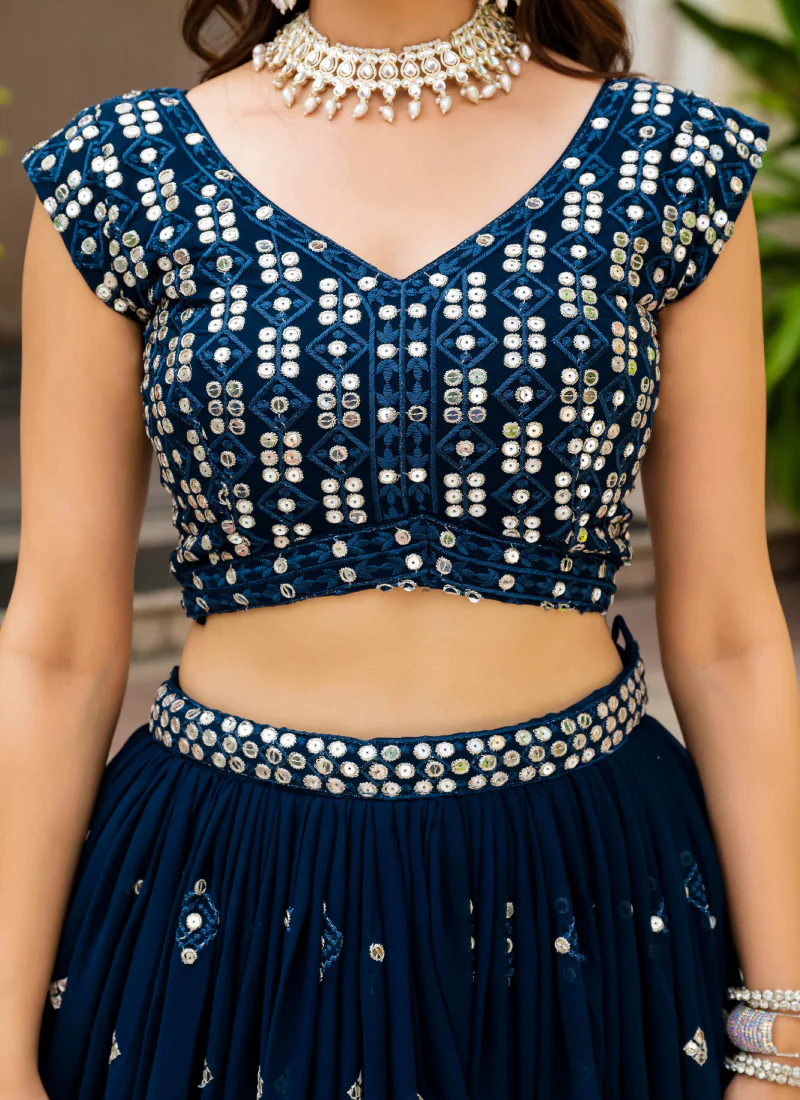 Sequence Embroidered Georgette Teal Blue Wedding Wear Lehenga Choli - Image 10