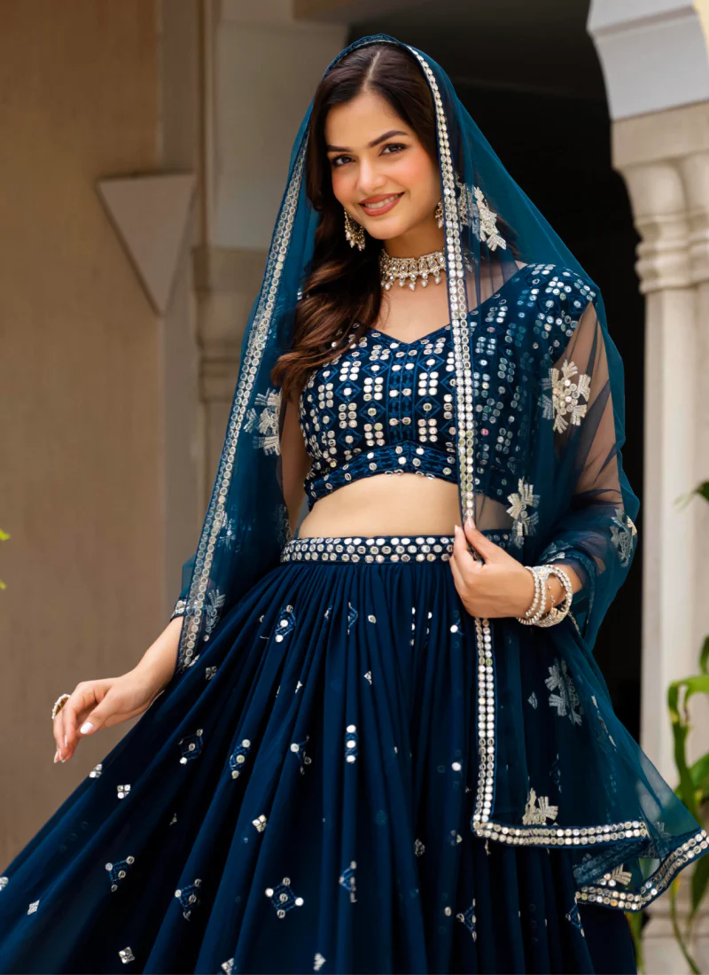 Sequence Embroidered Georgette Teal Blue Wedding Wear Lehenga Choli - Image 2