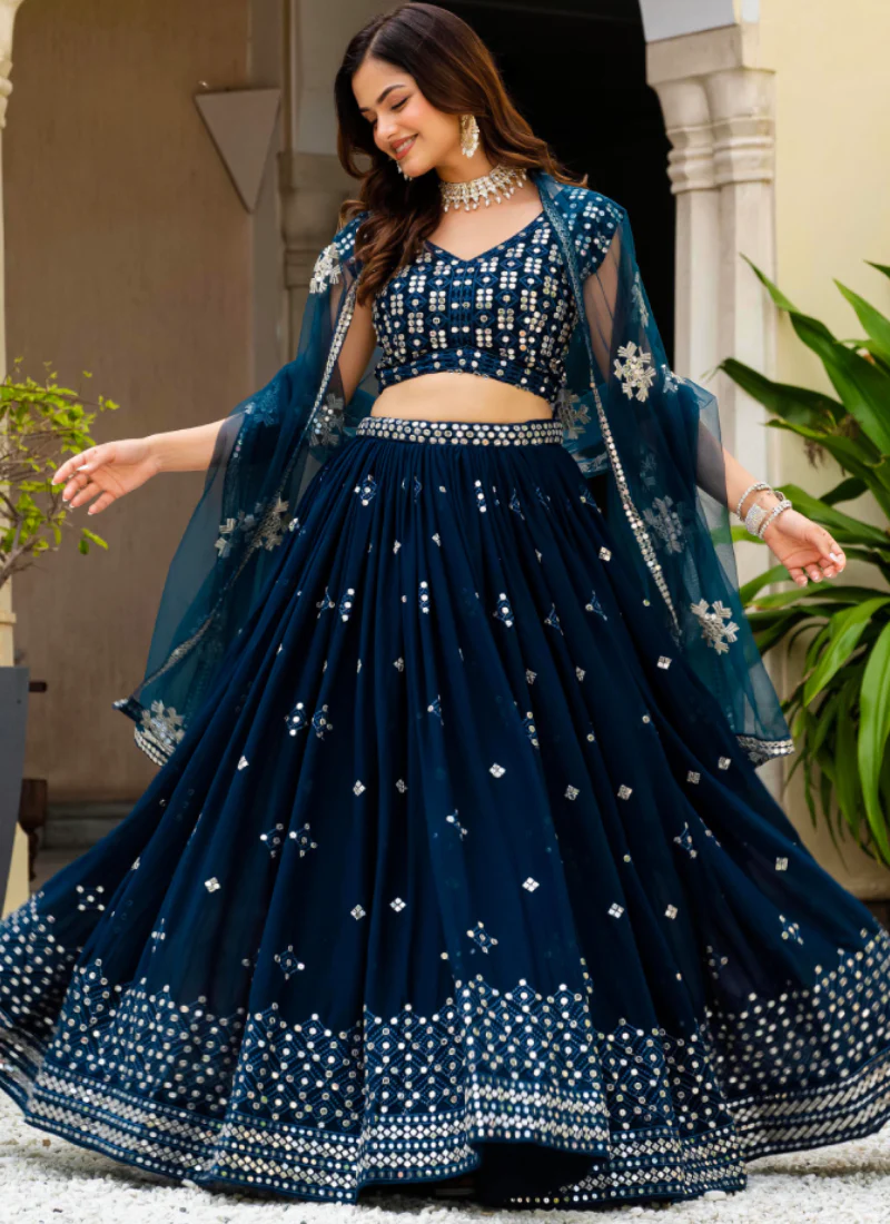 Sequence Embroidered Georgette Teal Blue Wedding Wear Lehenga Choli - Image 3
