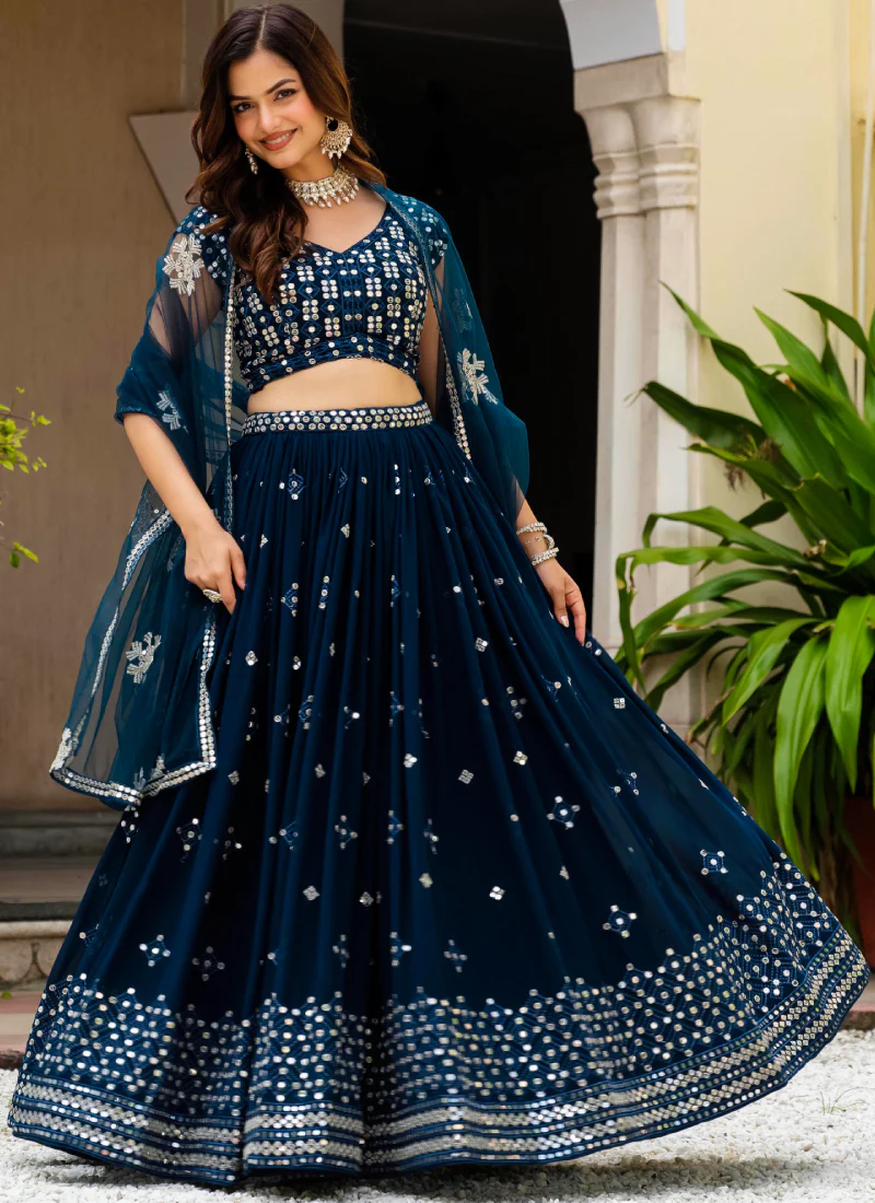 Sequence Embroidered Georgette Teal Blue Wedding Wear Lehenga Choli - Image 5