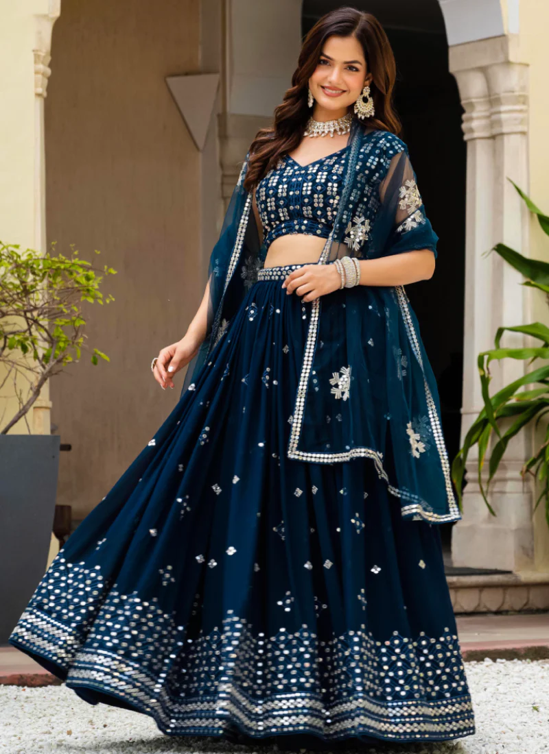 Sequence Embroidered Georgette Teal Blue Wedding Wear Lehenga Choli - Image 6