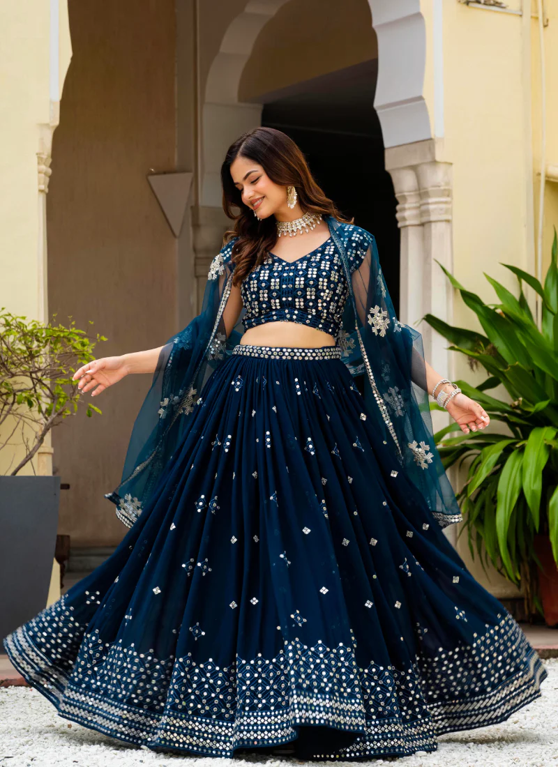 Sequence Embroidered Georgette Teal Blue Wedding Wear Lehenga Choli - Image 7