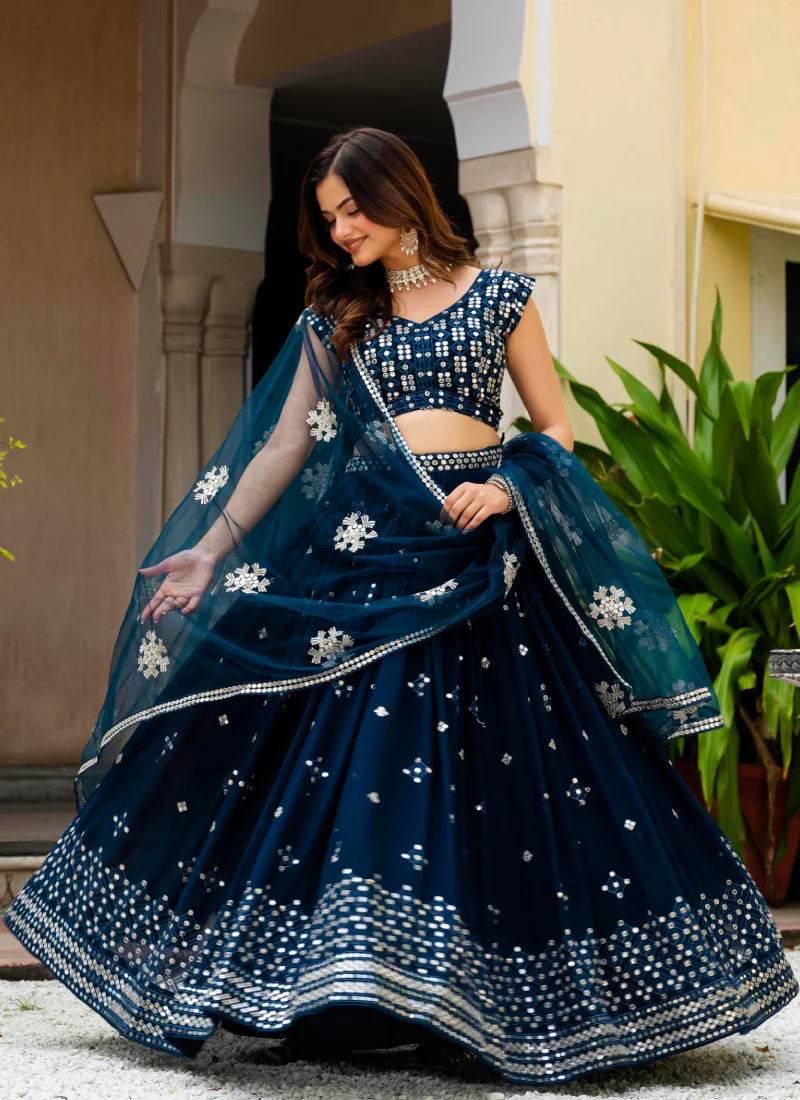 Sequence Embroidered Georgette Teal Blue Wedding Wear Lehenga Choli - Image 8