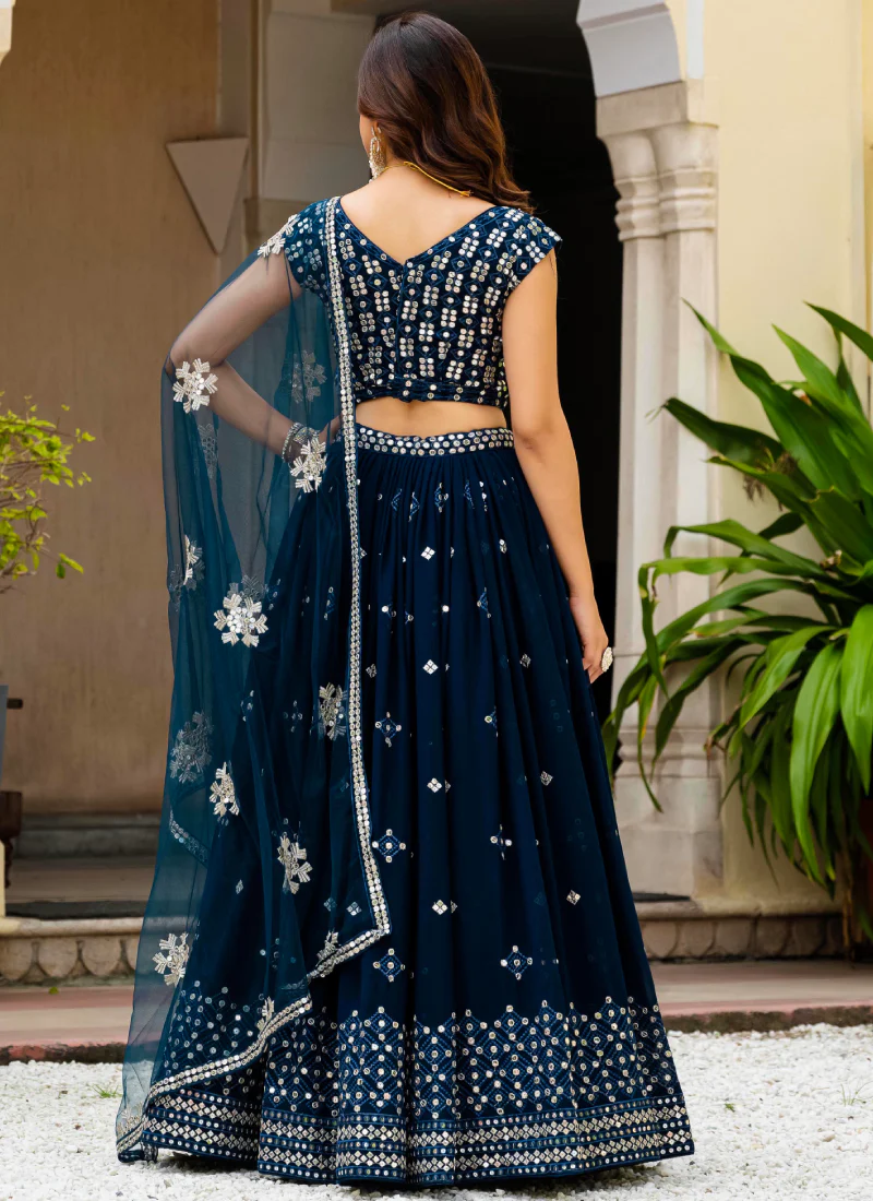 Sequence Embroidered Georgette Teal Blue Wedding Wear Lehenga Choli - Image 9