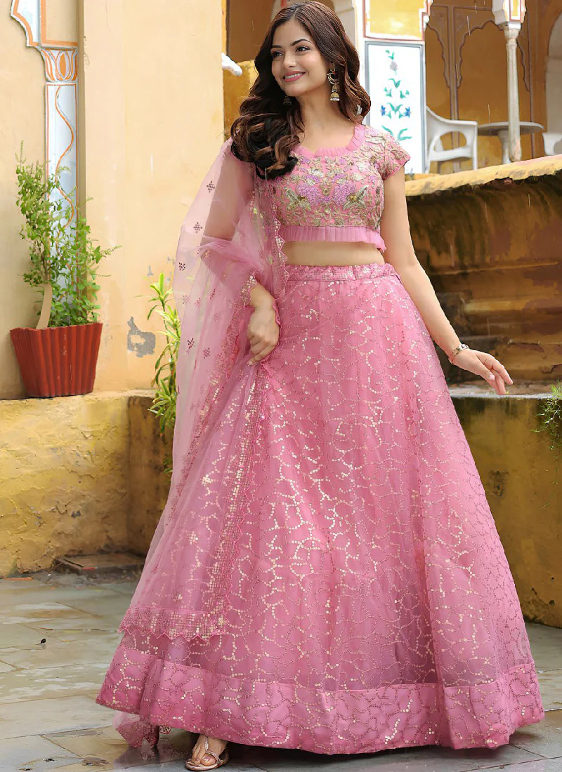 Sequence Embroidered Soft Net Pink Reception Wear Lehenga Choli Set - Image 5