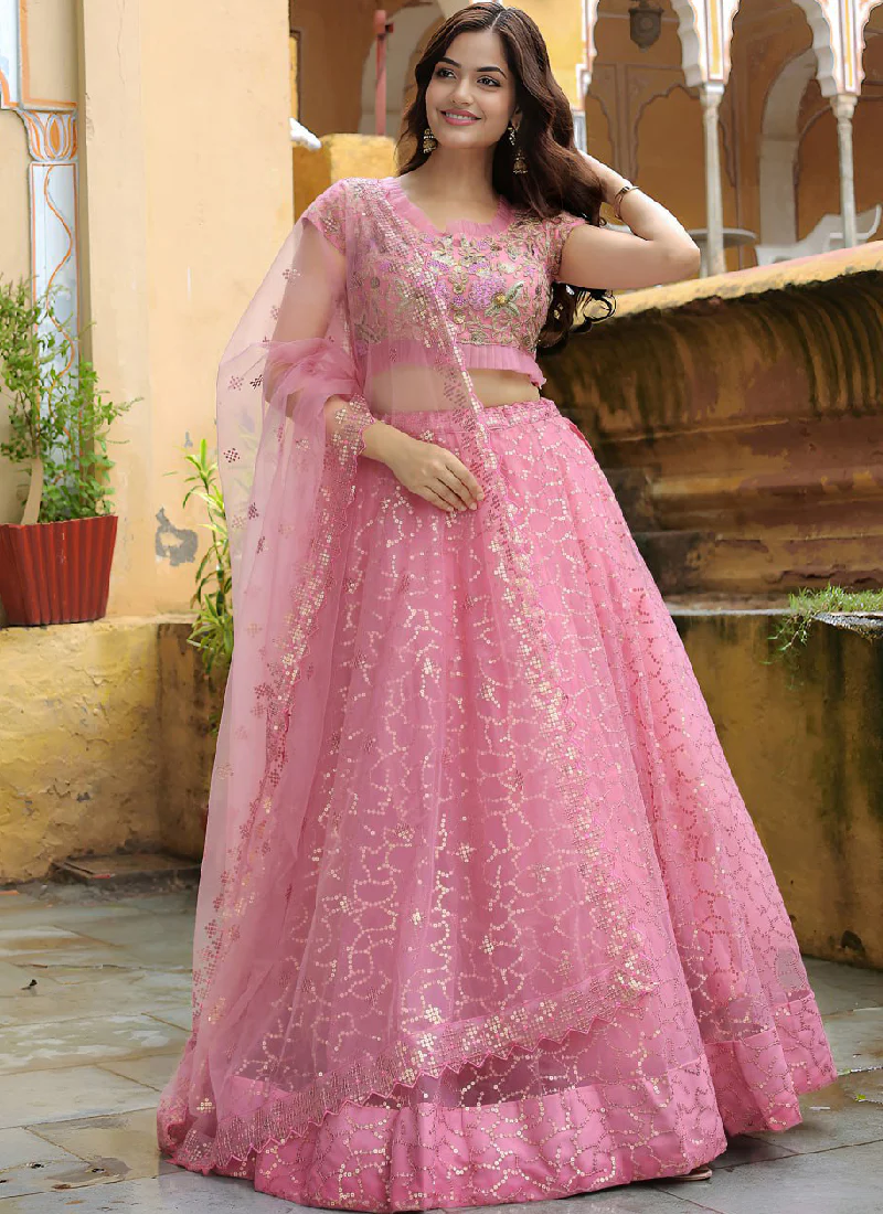 Sequence Embroidered Soft Net Pink Reception Wear Lehenga Choli Set - Image 6