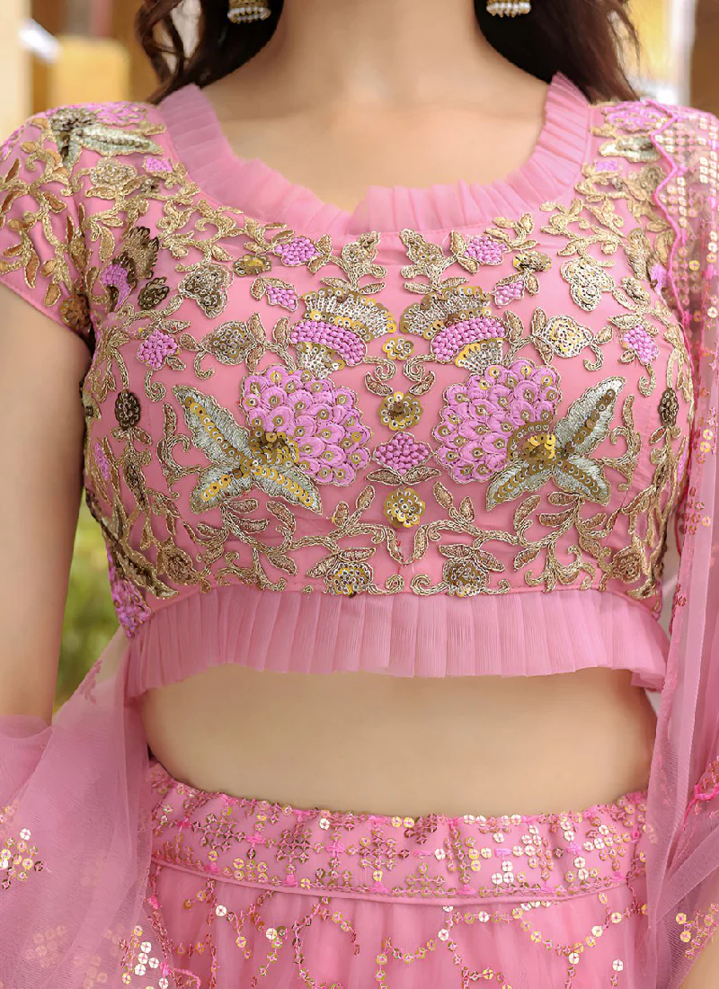 Sequence Embroidered Soft Net Pink Reception Wear Lehenga Choli Set - Image 8