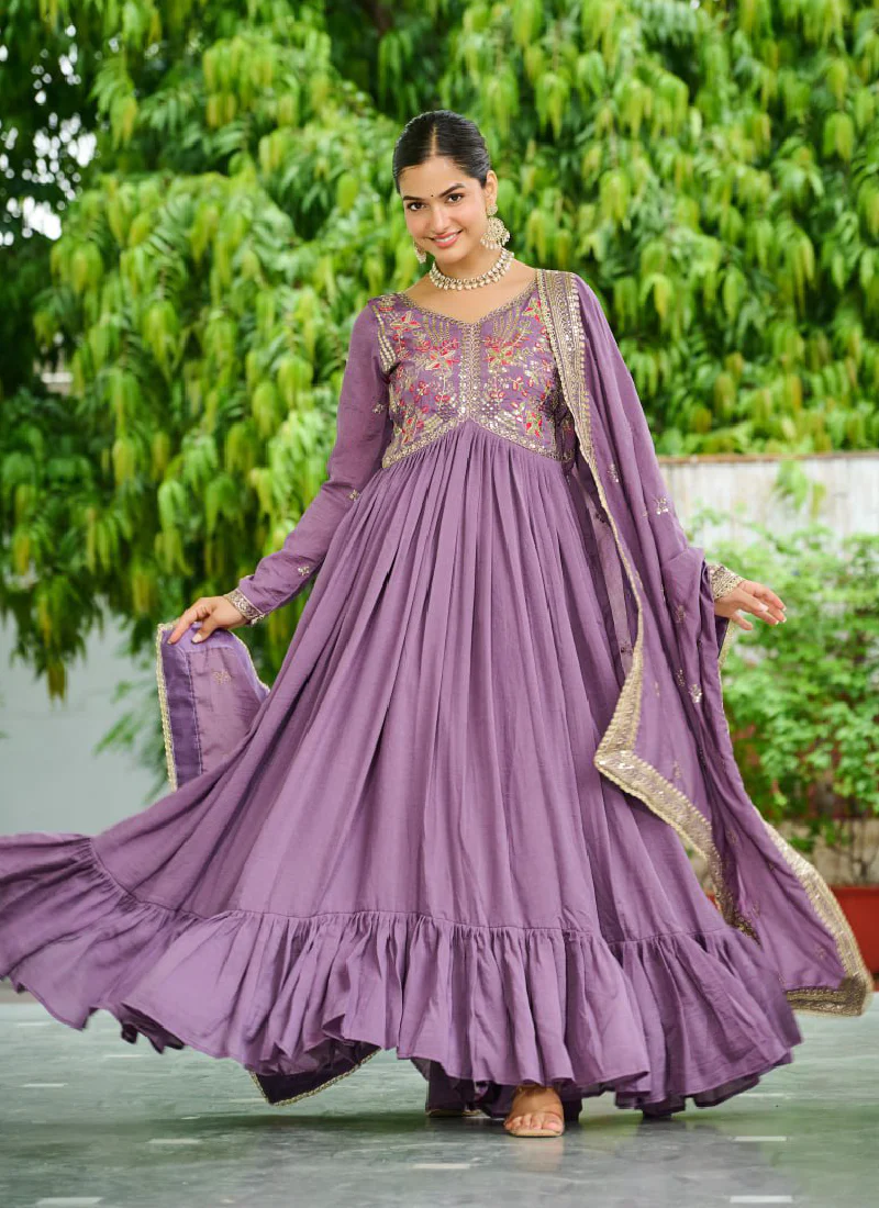 Sequence Embroidered Stylist Lavender Vichitra Silk Long Anarkali - Image 3